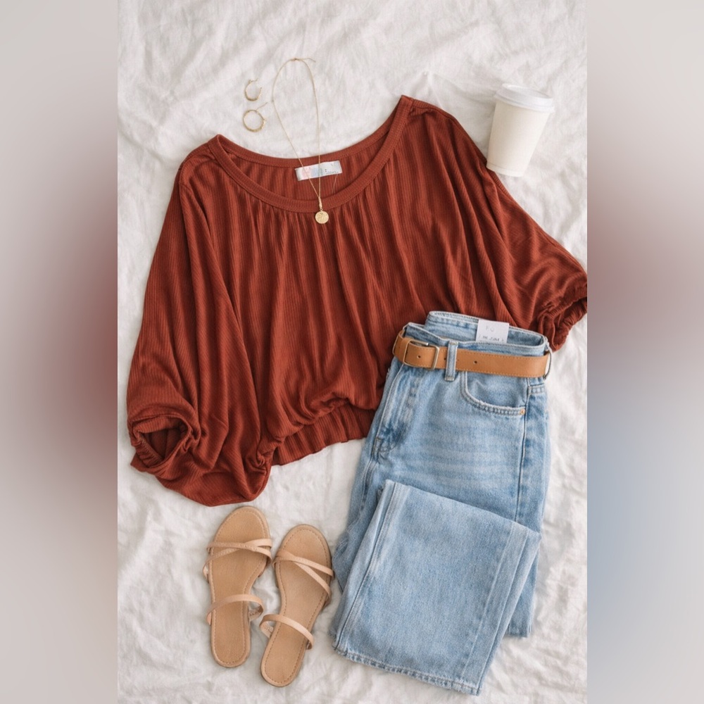 Free People FP Beach Rust Ribbed Batwing Top NWT Medium Boho Oversized - Picture 2 of 13